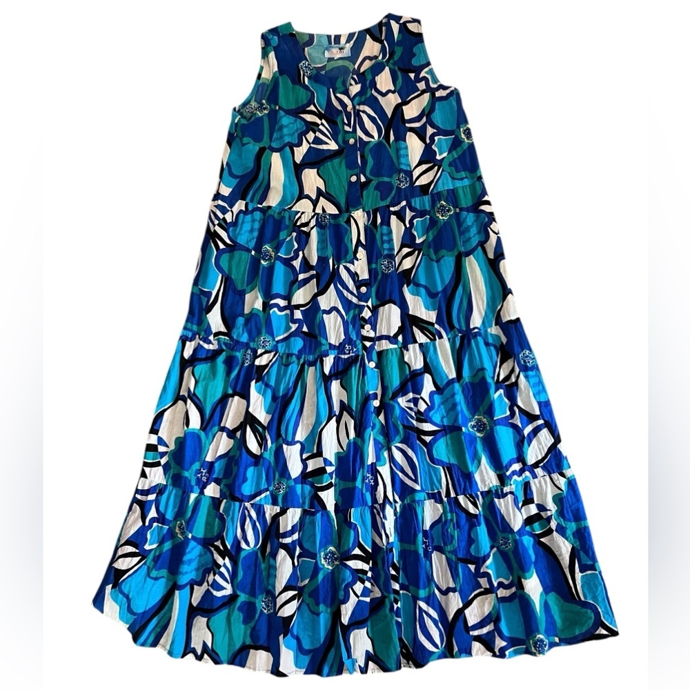 Sara Art of India blue multi maxi dress size large, button down, tiered, cotton